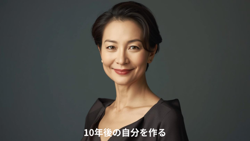 「10年後の自分を作る」というテキストが入った、上品な笑顔のミドル世代女性の画像