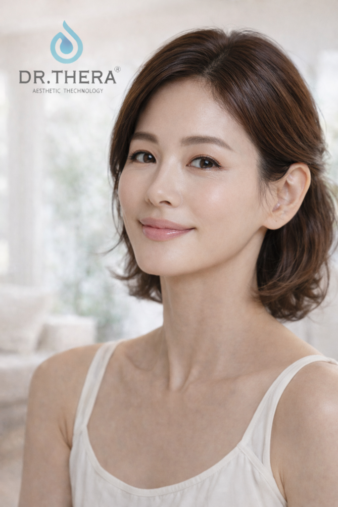 DR.THERAのロゴと、透明感のある肌で微笑む40代女性のポートレート画像