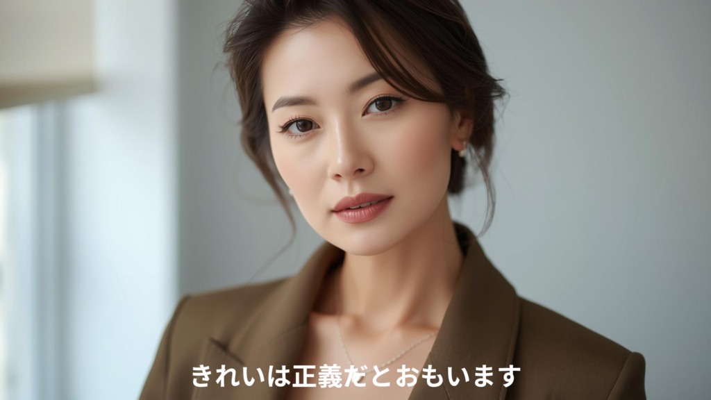 「きれいは正義だとおもいます」というテキストが入った、意志の強さを感じるミドル世代女性の画像